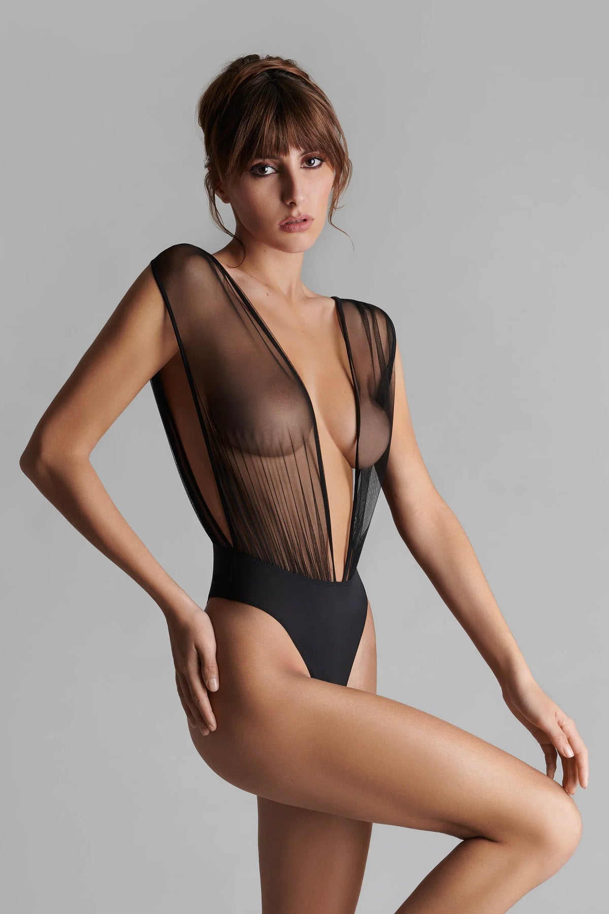 Scandale x Maison Close Nuit Fauve V-Neck Thong Bodysuit in Black