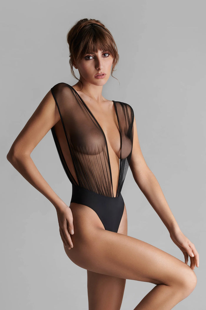 Scandale x Maison Close Nuit Fauve V-Neck Thong Bodysuit in Black