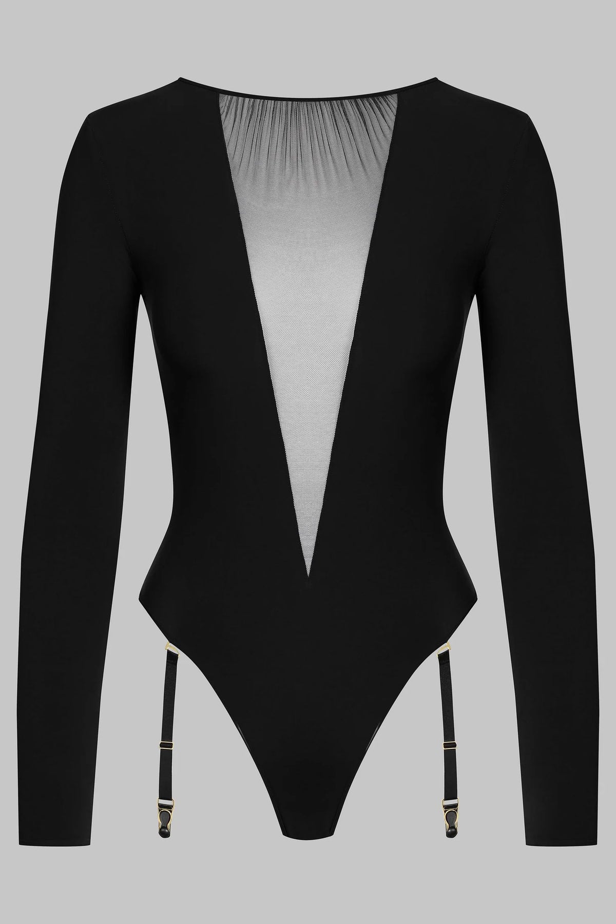 Scandale x Maison Close Nuit Fauve Long Sleeve Thong Bodysuit with Removable Suspenders