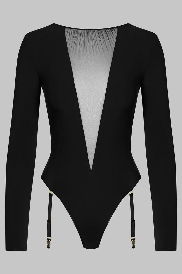 Scandale x Maison Close Nuit Fauve Long Sleeve Thong Bodysuit with Removable Suspenders